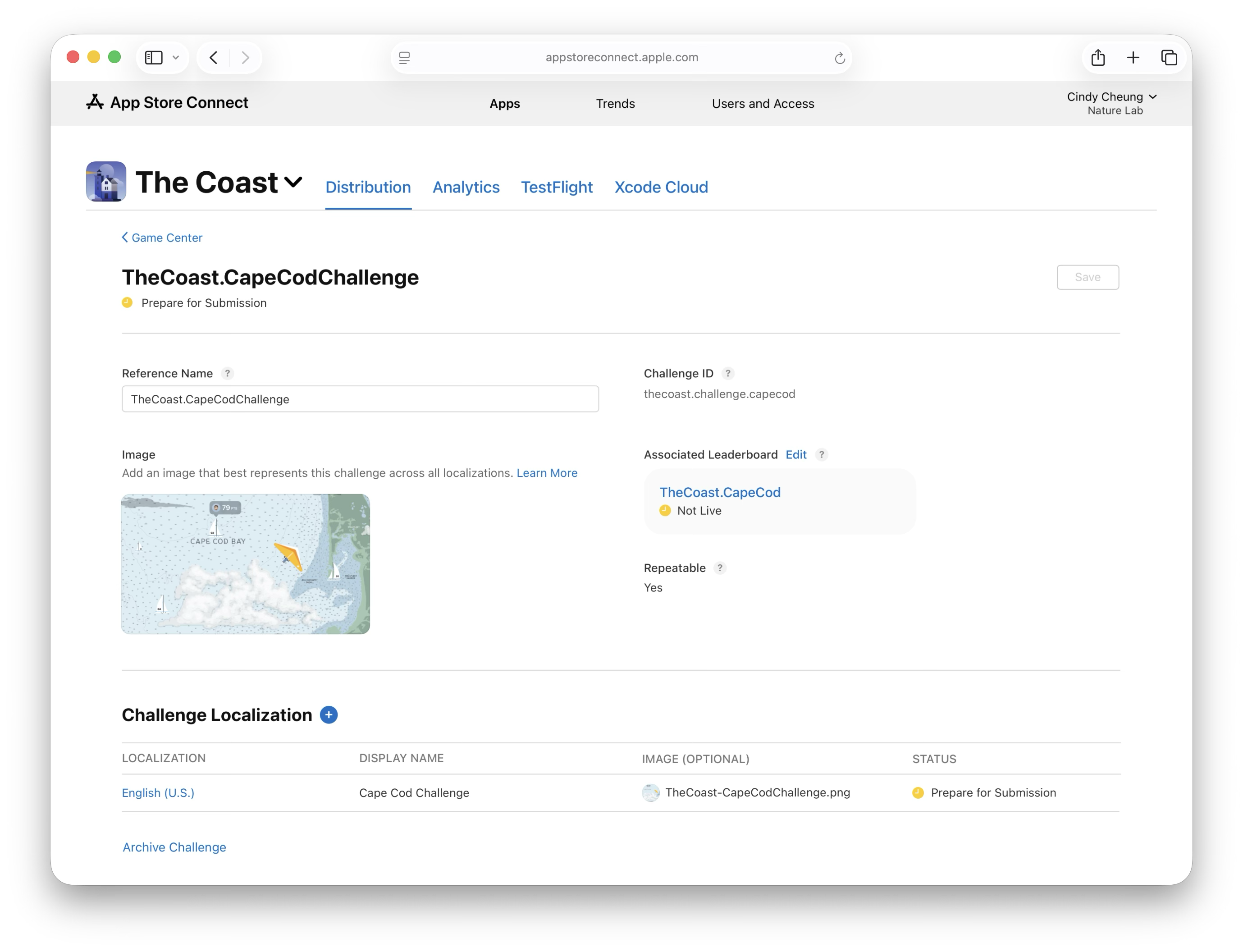 A screenshot of the challenge detail page for 'The Coast.CapeCodChallenge', showing 'Prepare for Submission' status and completed fields including reference name, challenge ID, image, and associated leaderboard.