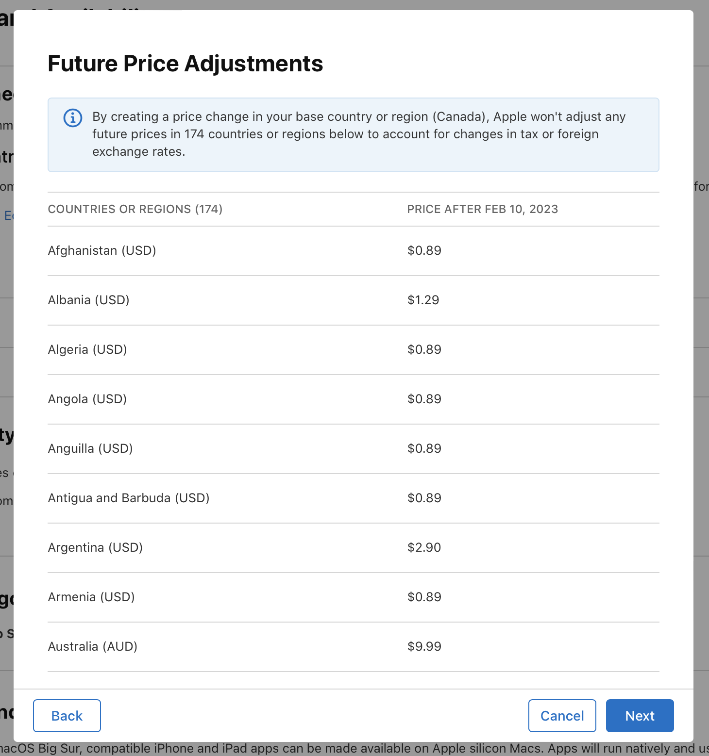 Screenshot of the Future Price Adjustments dialog, that shows prices after selected date for all countries or regions in a list. At the bottom of the dialog, the Back button is on the left, and the Cancel and Next buttons are on the right.