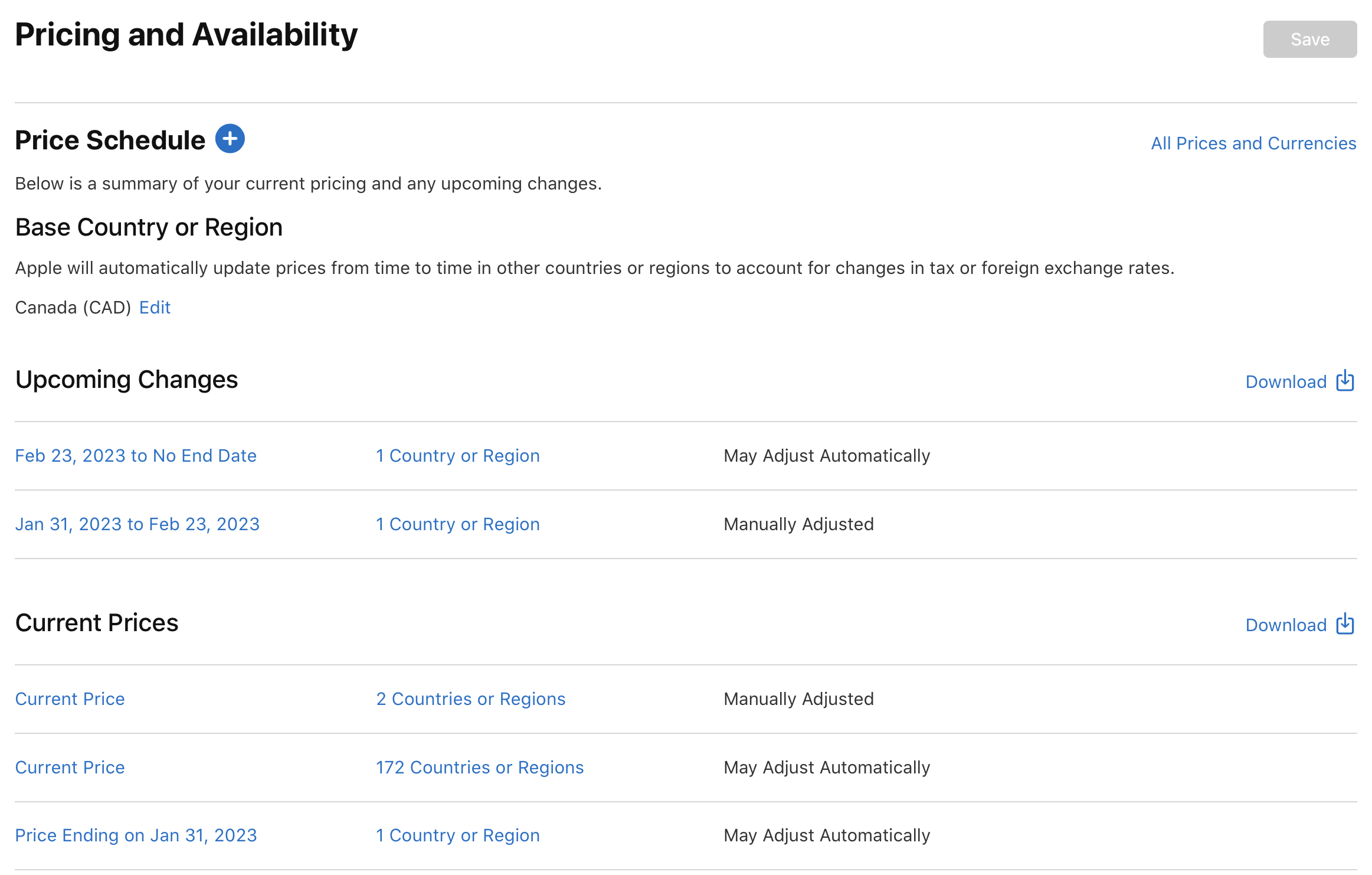 Screenshot of the Pricing and Availability page, which is under the Upcoming Changes section, where the effective dates, the number of impacted countries or regions, and the adjusted method are listed.