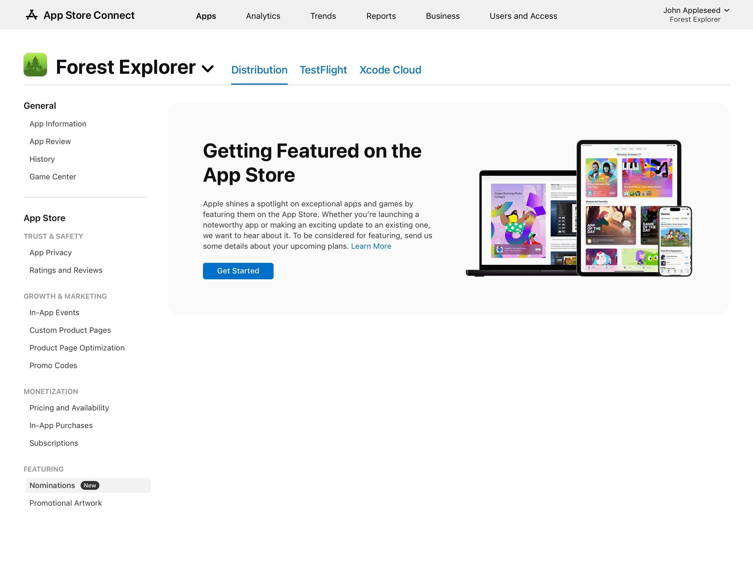 Screenshot of the sidebar, under the Featuring section, Nominations is selected, and a page titled “Getting Featured on the App Store“ is opened.