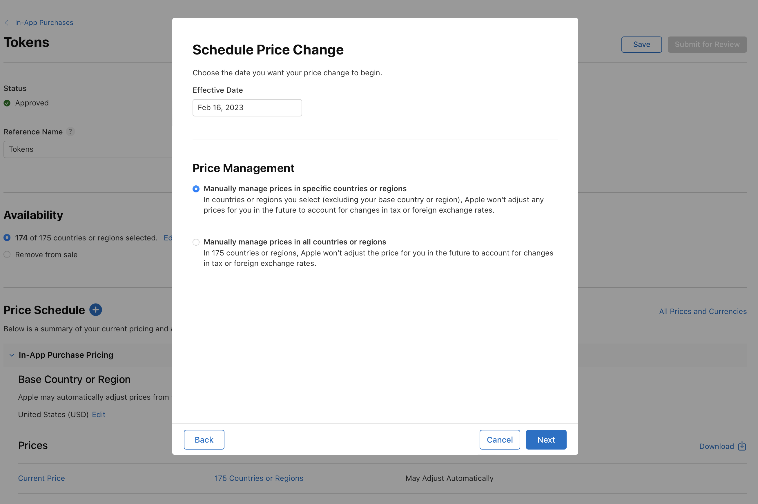 Screenshot of Apple's interface for scheduling a custom price change. The pop-up window titled Schedule Price Change shows an Effective Date of Feb 16, 2023. Options for Price Management include managing prices manually in specific or all countries or regions. Back, Cancel, and Next buttons are at the bottom.