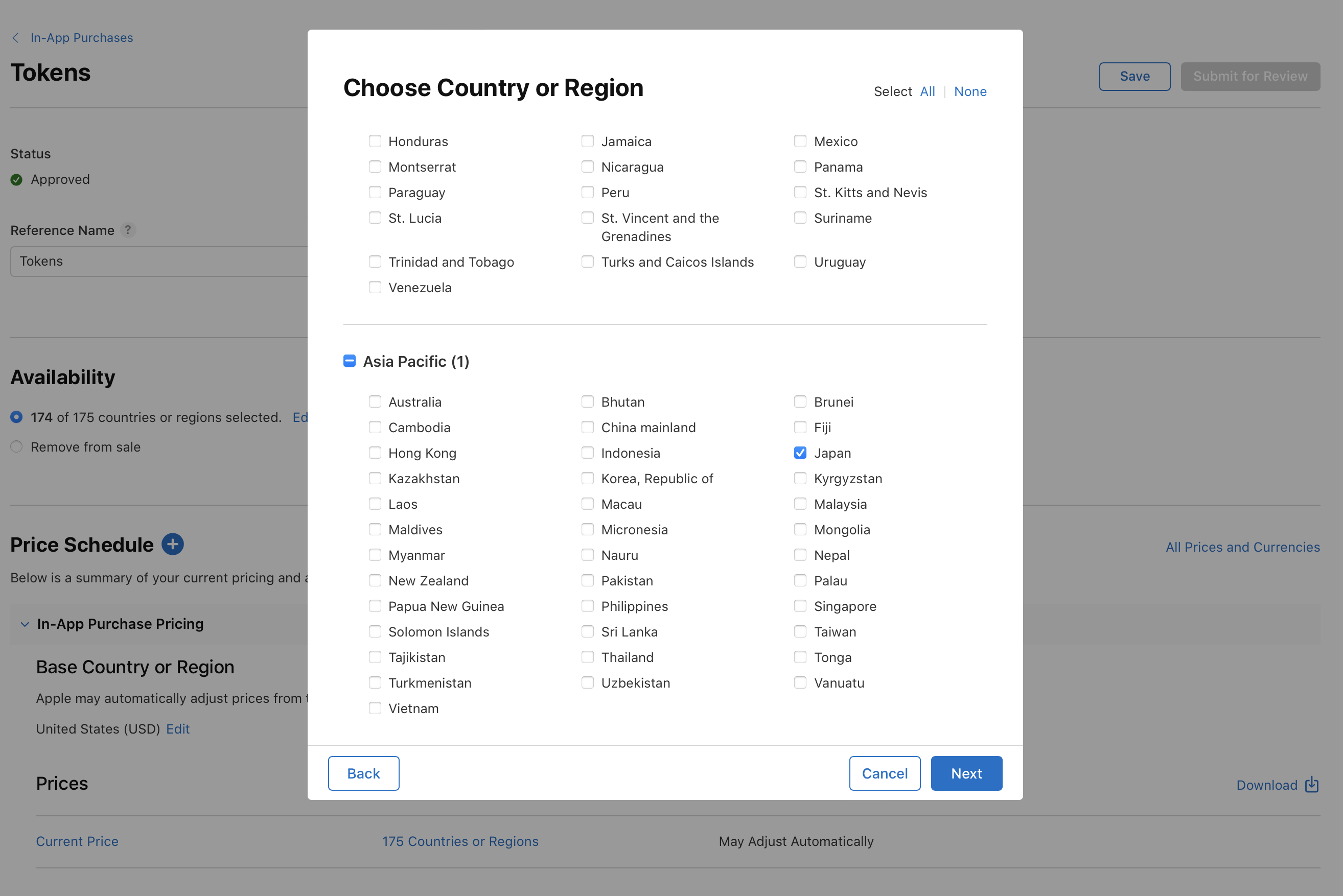 Screenshot of a Choose Country or Region pop-up window. It lists countries alphabetically under Availability and there are navigation buttons like Select All, None, Cancel, Back, and Next.