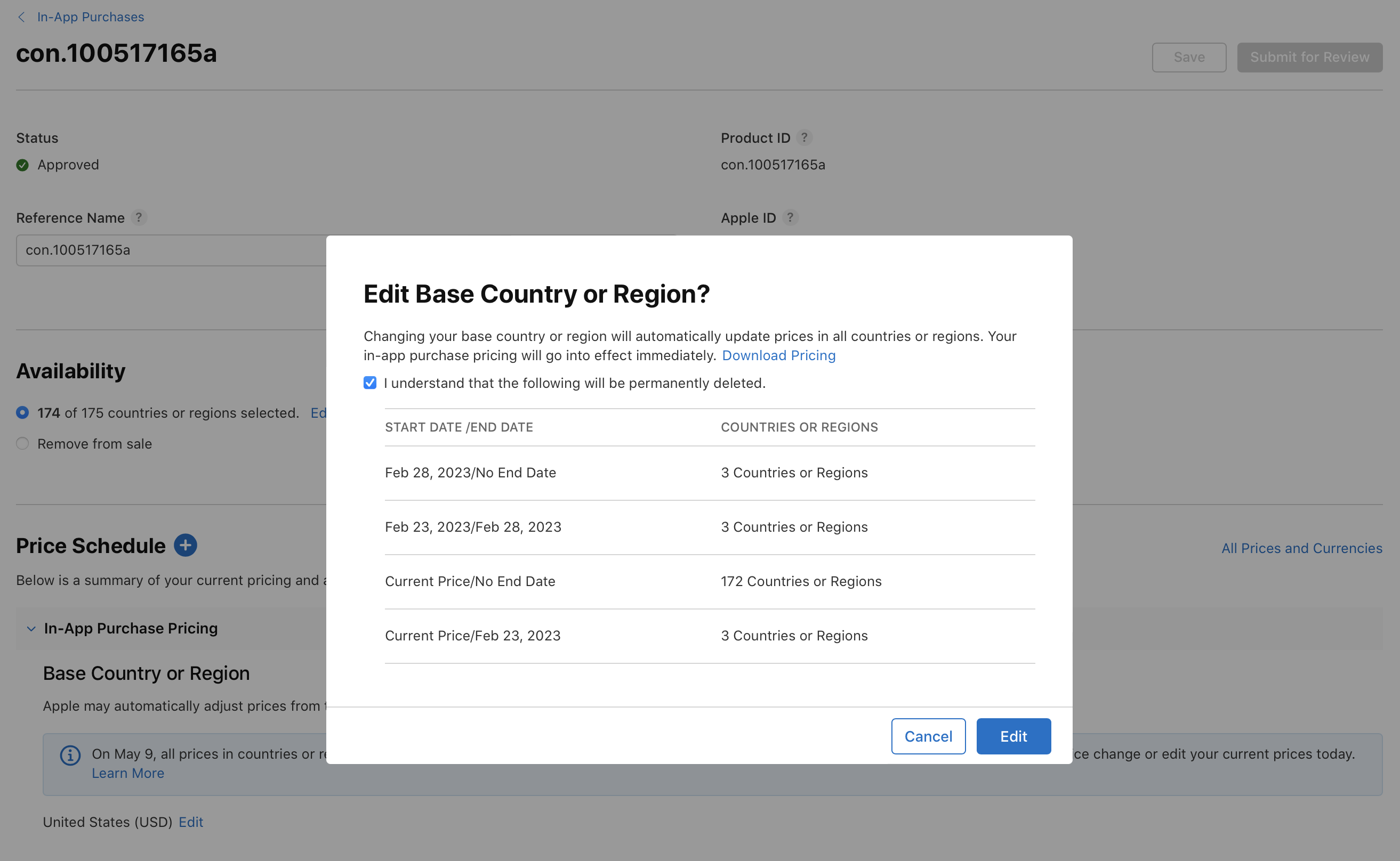 Screenshot of a confirmation dialog in App Store Connect for editing the base country or region for In-App Purchases. The dialog explains that changing this setting will update prices globally and lists affected date ranges and countries. Options to Cancel, Edit, or Confirm are provided.