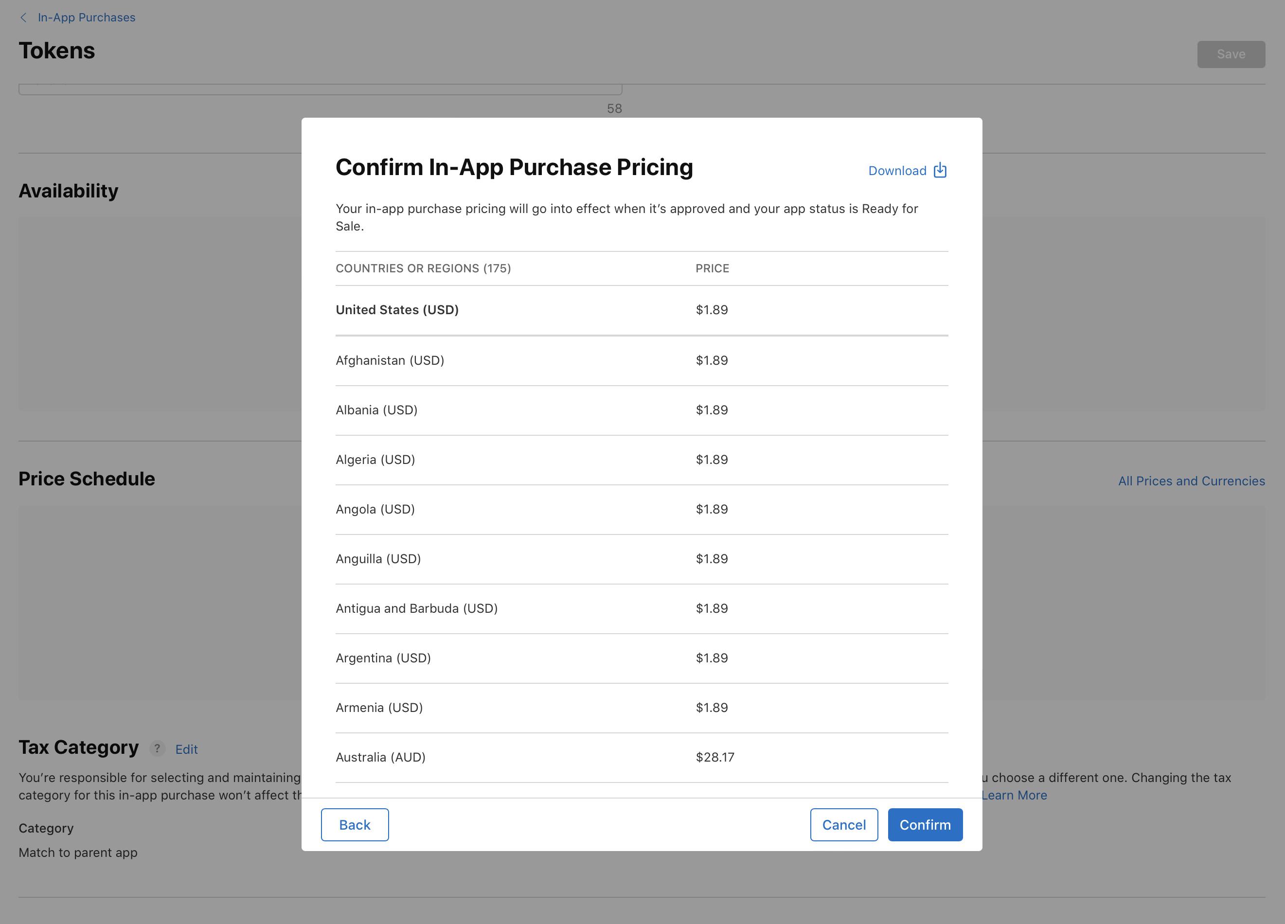Screenshot of App Store Connect confirmation page for In-App Purchase pricing. Lists selected countries or regions and corresponding prices in USD and AUD. Includes Back, Cancel, and Confirm buttons, with a Download option for pricing details.