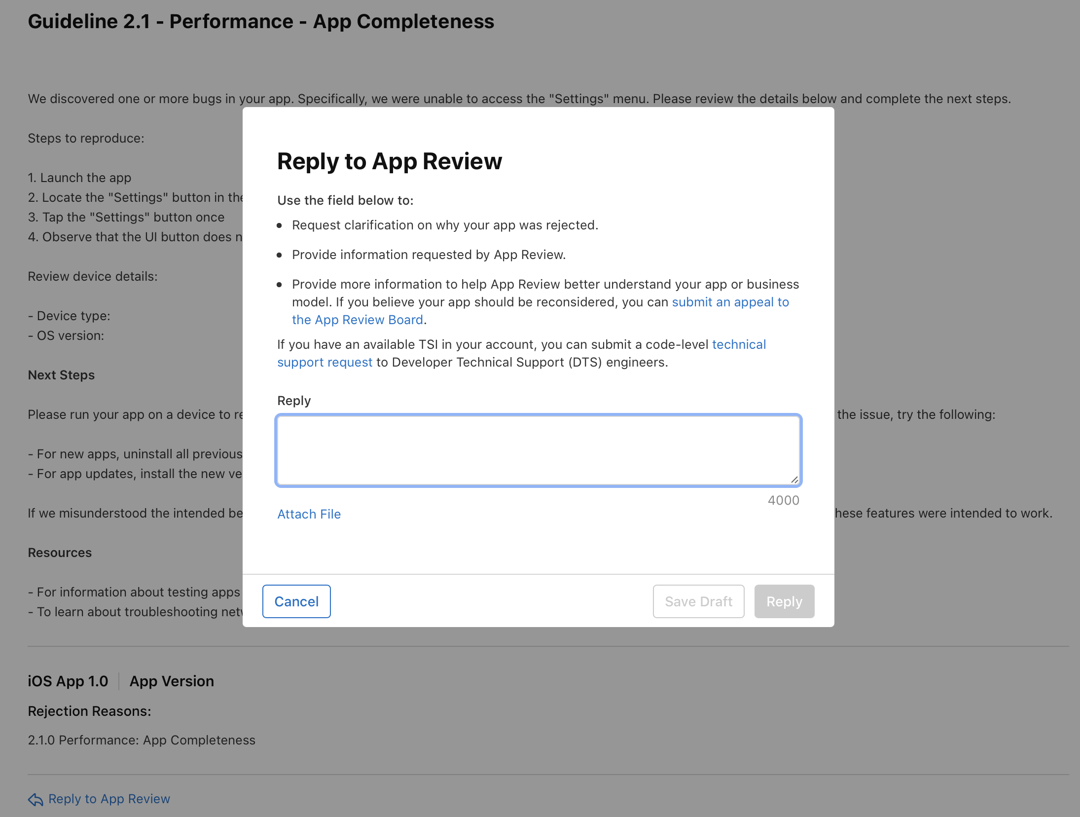 Screenshot of the Reply to App Review dialog, which contains a text field for entering a reply, with a 4000 character limit indicator. Below the field, there’s an Attach File link. At the bottom of the dialog, the Cancel button is on the left, and the Save Draft and Reply buttons are on the right, both grayed out due to the empty reply field.