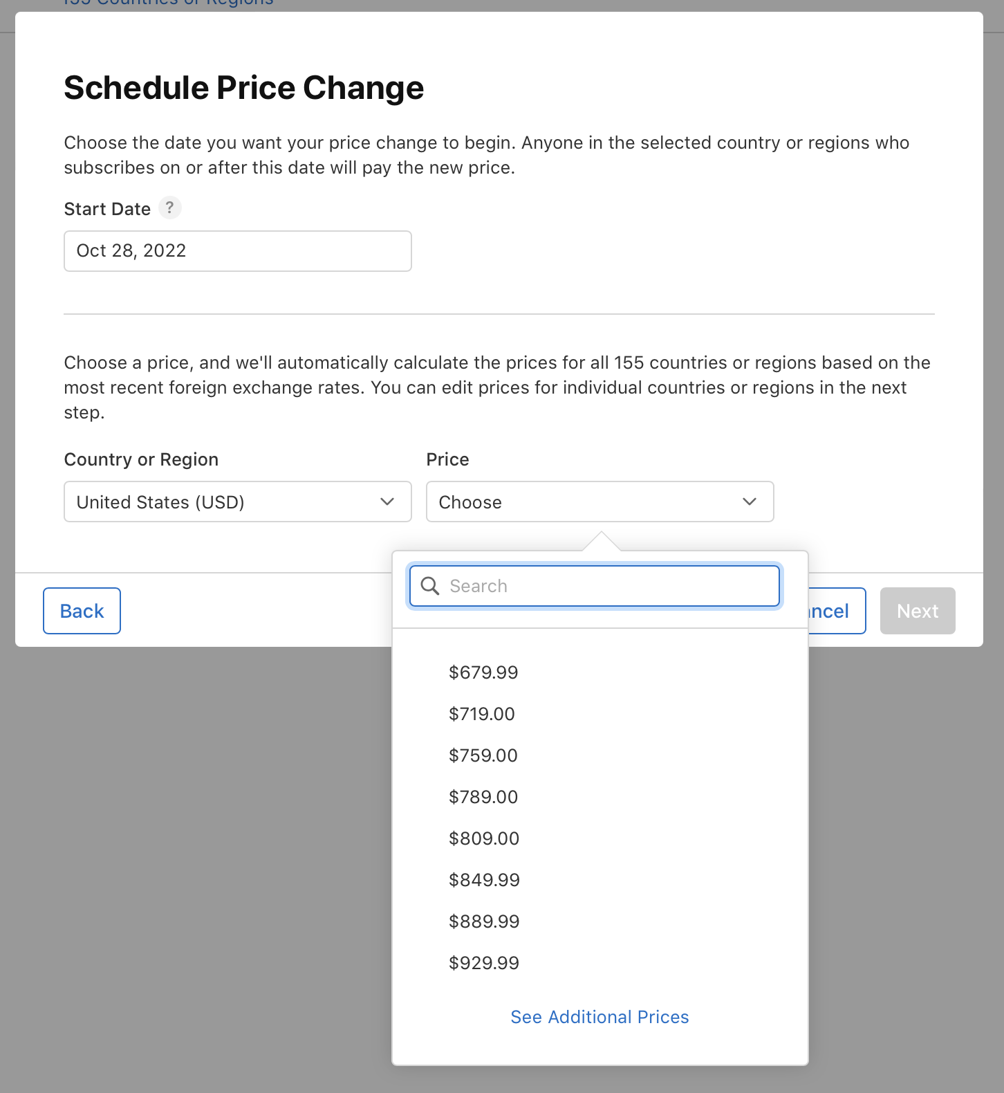 Screenshot of a subscription pricing page for scheduling price changes. The Price field has a drop-down menu open showing examples of price options. There is a Back and Next button at the bottom.