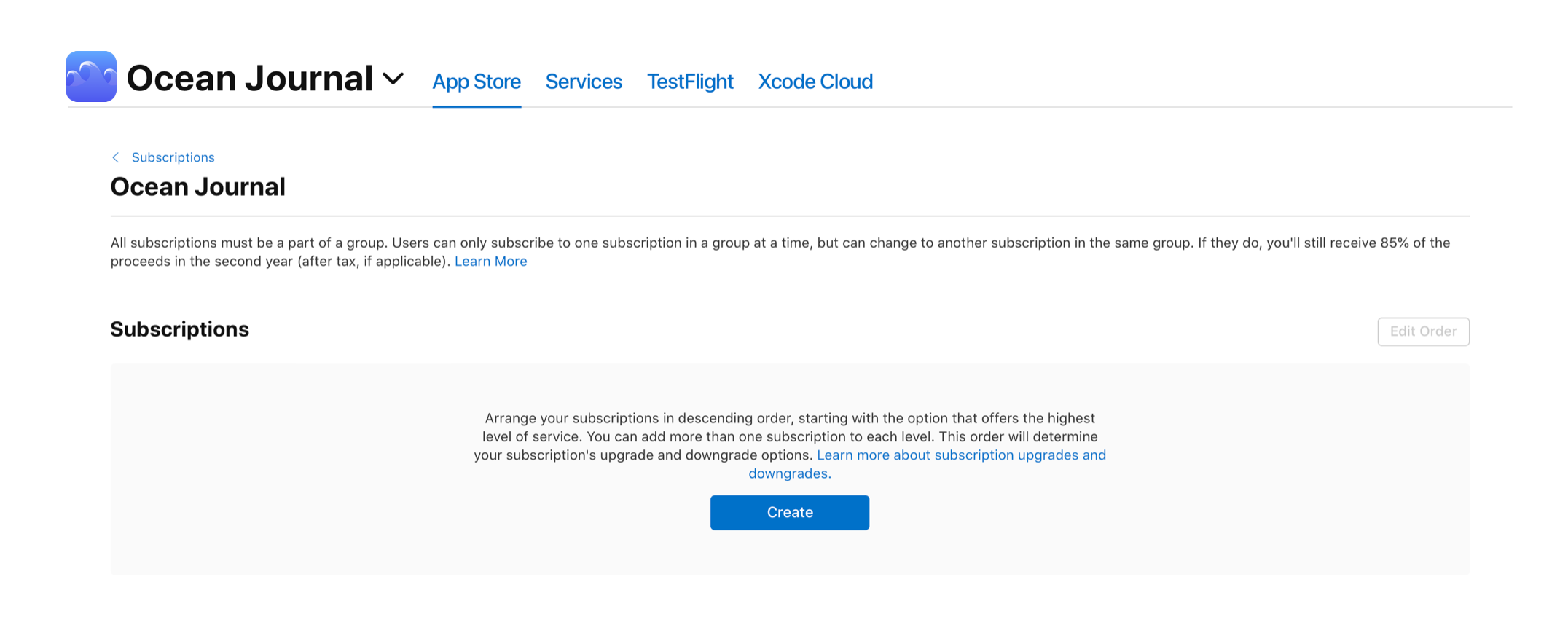 Screenshot of the Subscriptions page. A ‘Create’ button is located in the Subscriptions section.
