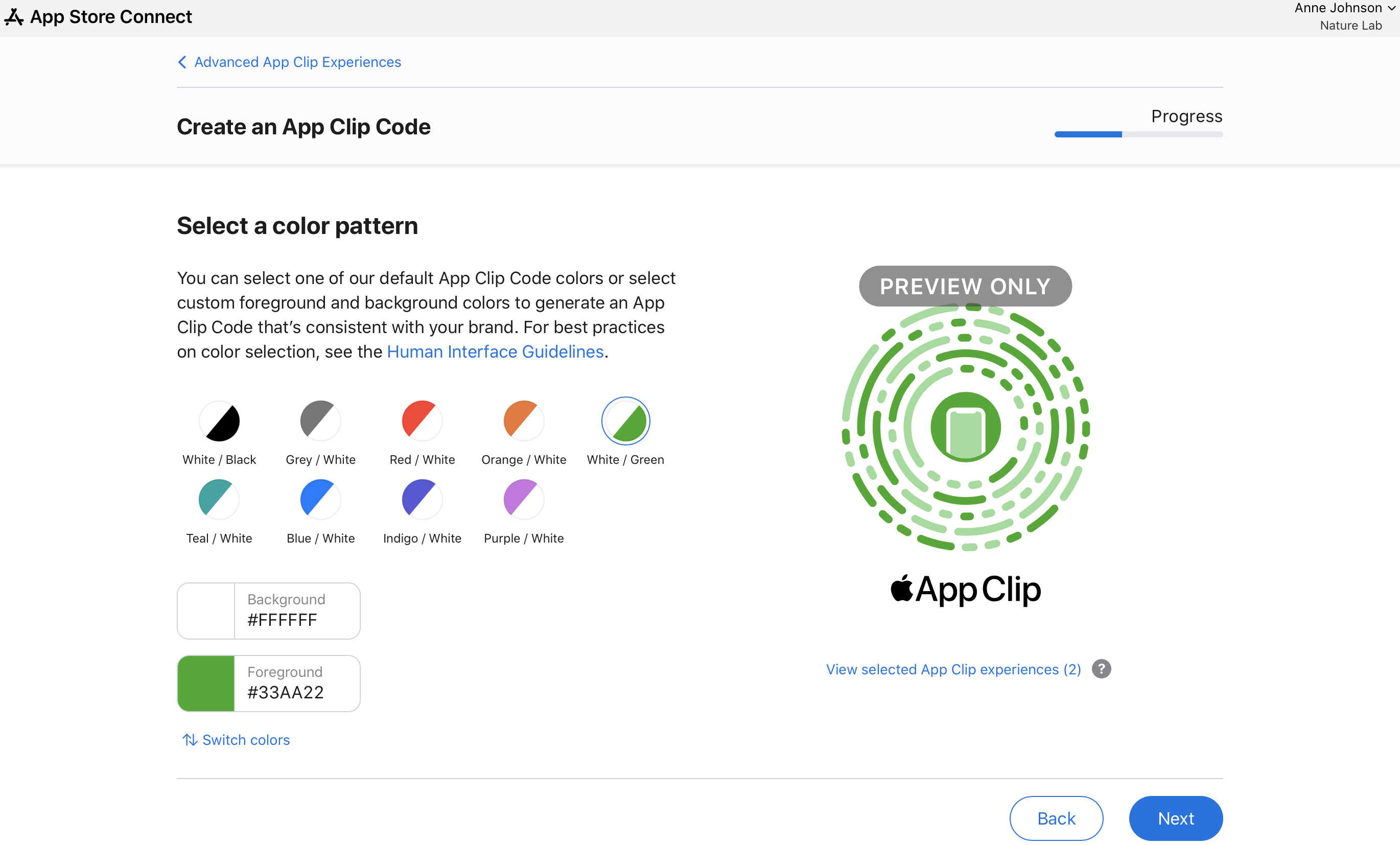 Screenshot of Select a color pattern page. There is a Back and Next button at the bottom.