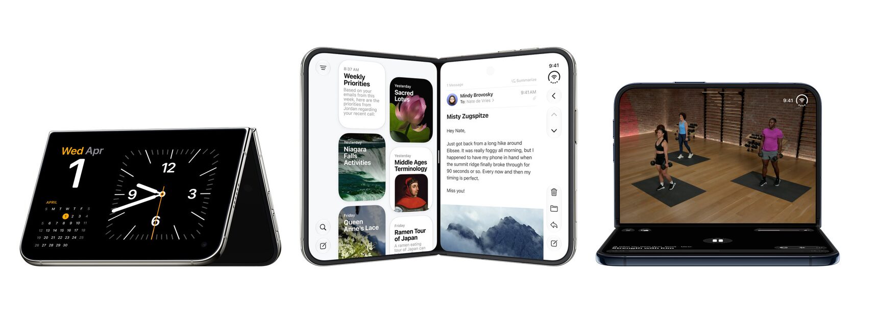 Three iPhone Duo devices: one folded into a tent showing a clock, one open like a book showing an email app, and one propped open showing a workout video.