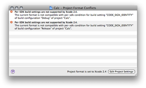 The project format conflicts window