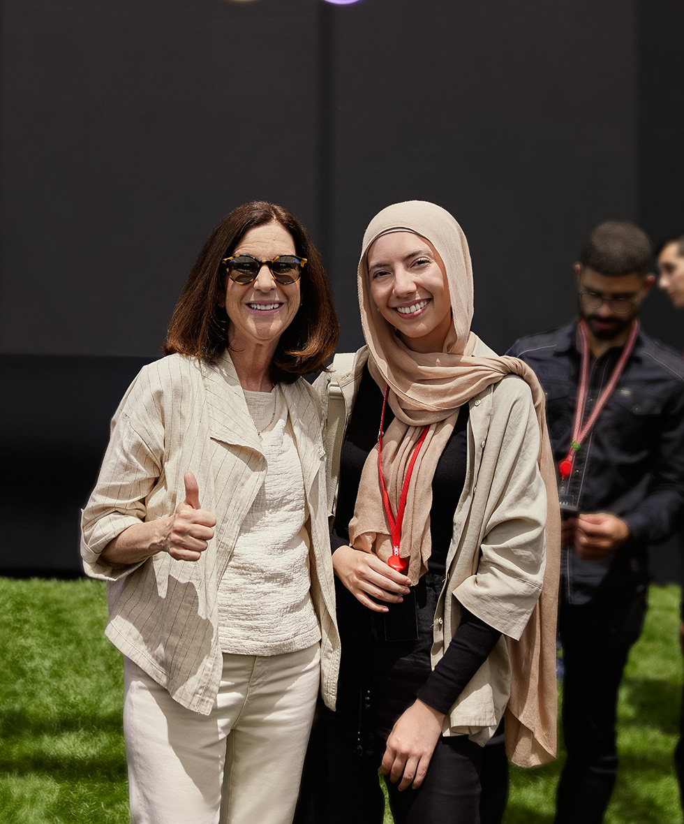 Distinguished Winner Vildan Kocabas from Germany posing with a mentor at Apple Park during WWDC, creator of MyCycle health app